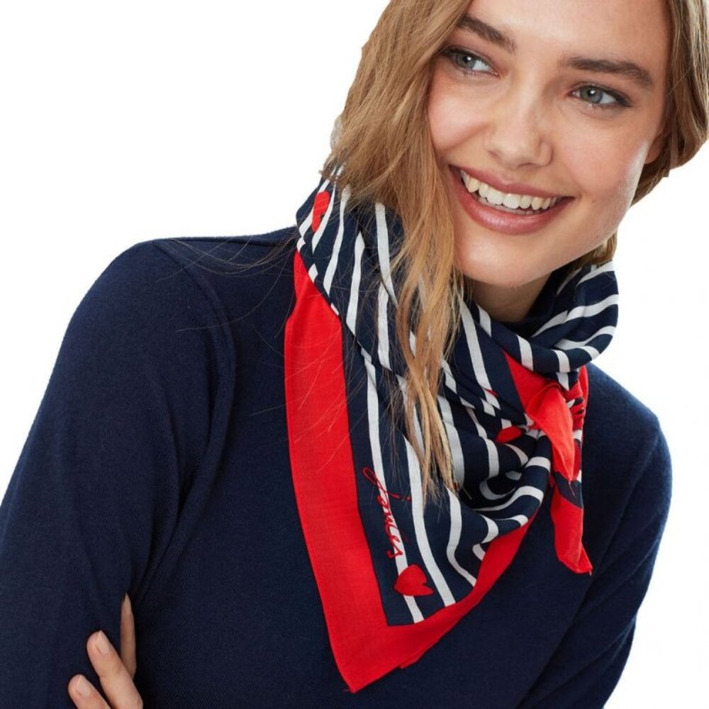 💟 Joules Tiewell Red Hears Blue White Stripes Square Printed Neckerchief Scarf